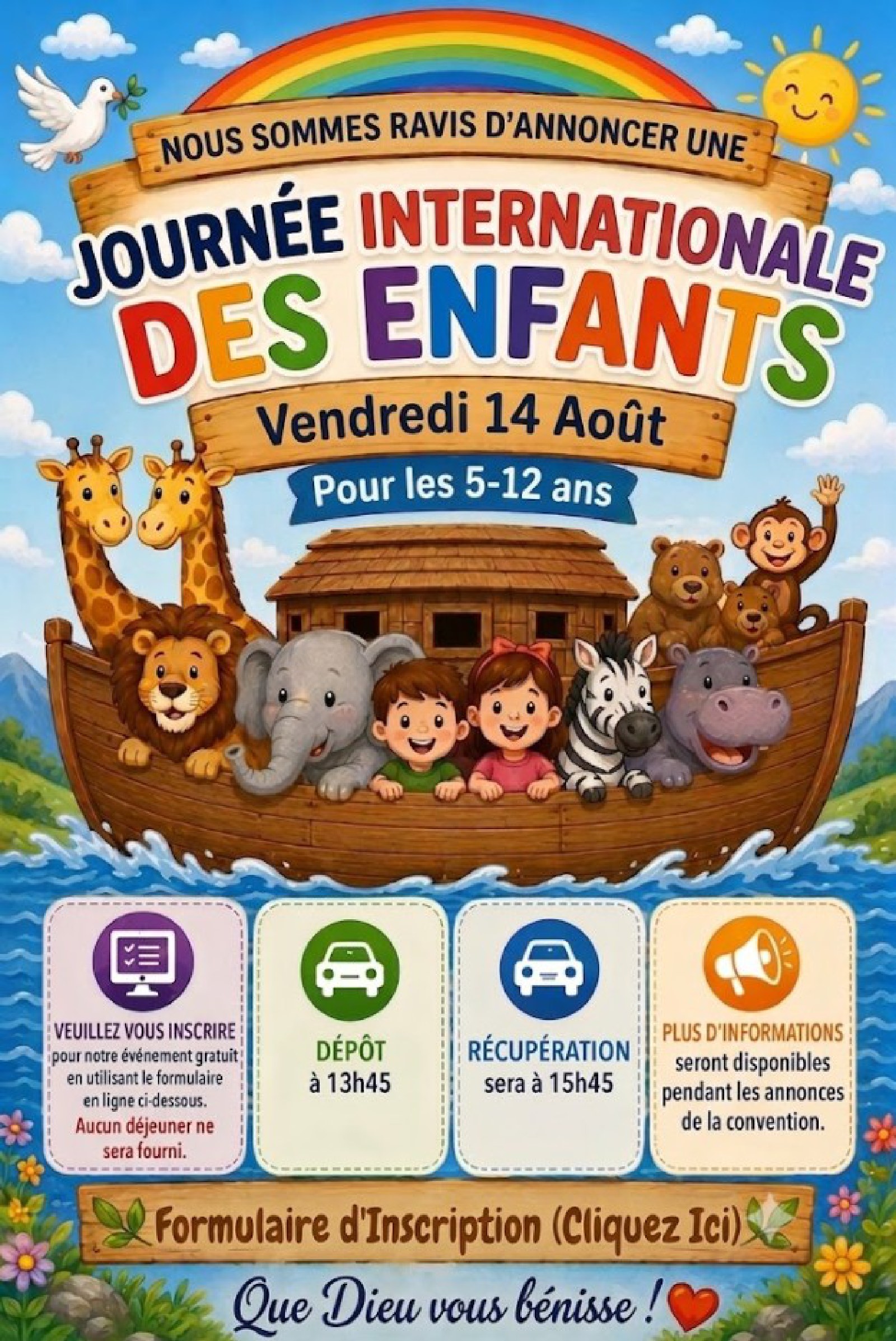 Journée internationale des enfants &mdash; vendredi 14 août 2026 &mdash; pour les enfants de 5 à 12 ans.