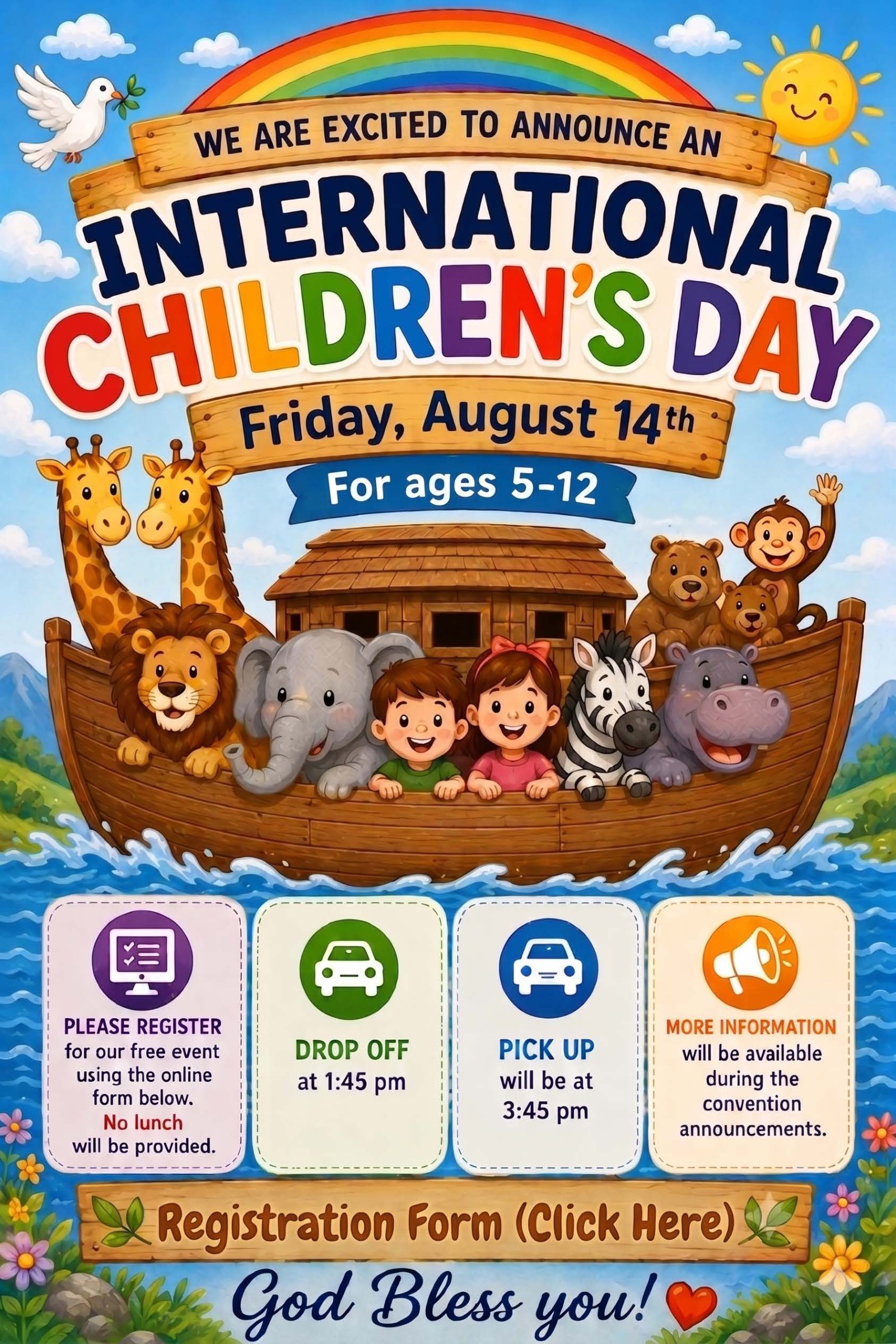 International Children's Day — Friday, August 14, 2026 — for ages 5 to 12. Drop off at 1:45 PM, pick up at 3:45 PM. Please register using the online form. No lunch will be provided.